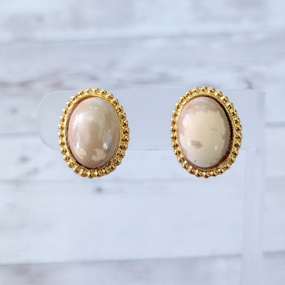 Vintage Clip On Earrings - Oval Beige with Gold Tone Halo - Chipping
